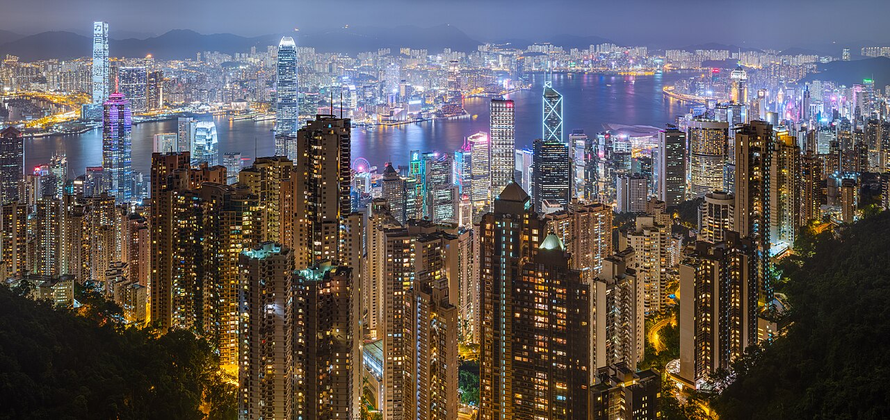 Victoria Harbour and Hong Kong’s skyline illuminated at night, viewed from Victoria Peak